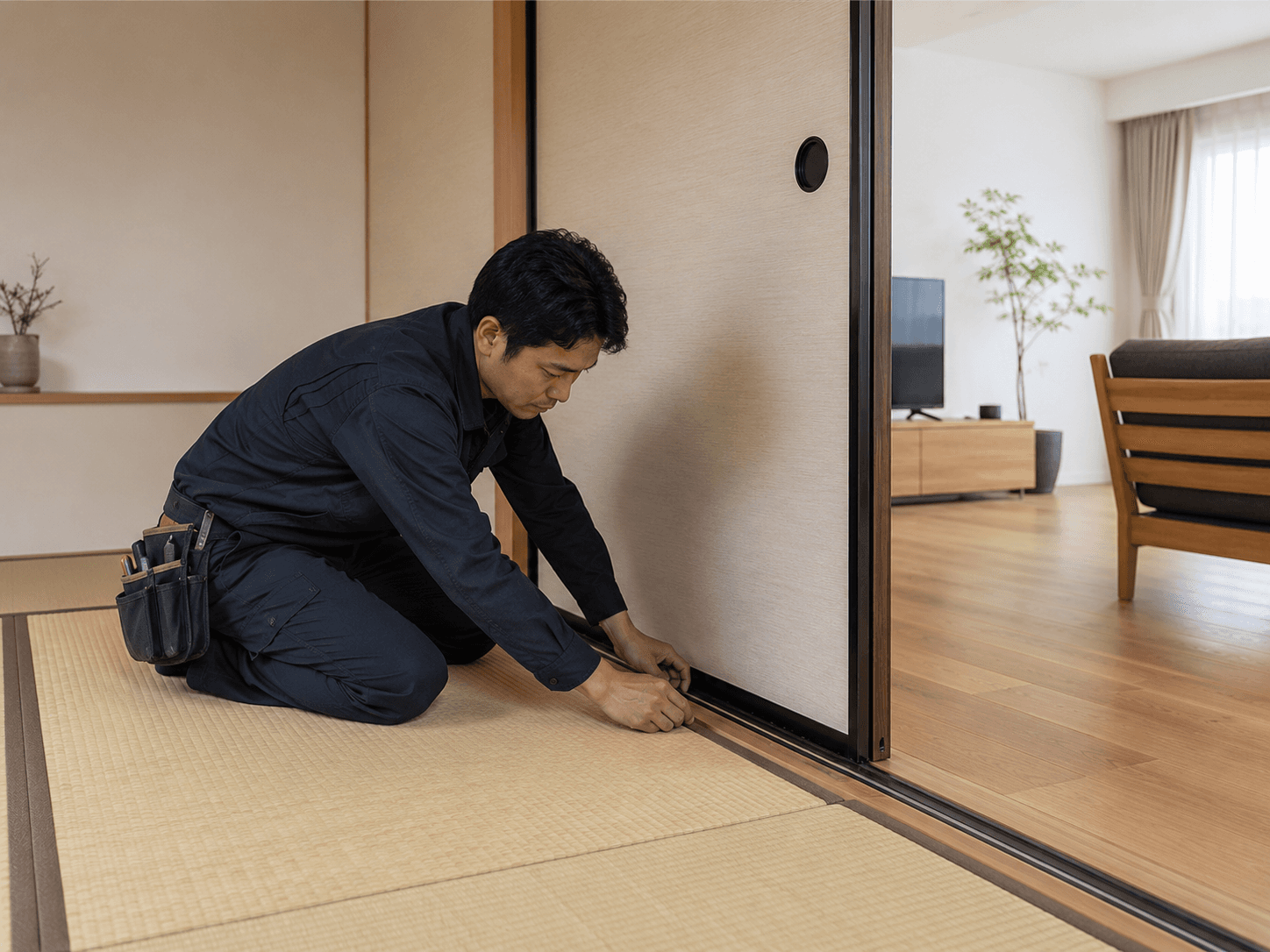 和室の押入れにふすまを取り付ける職人