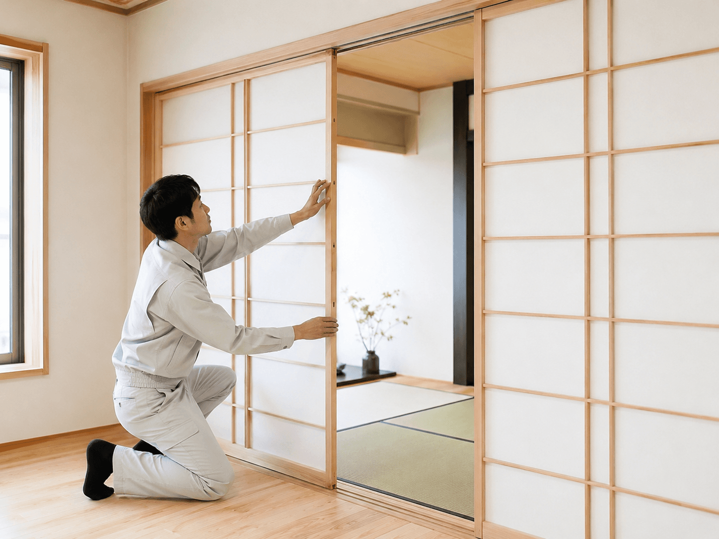 住宅の和室に障子を取り付ける施工場面