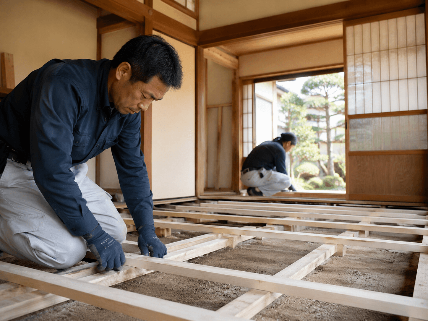 埼玉県で畳の新調下地工事を行う職人の施工風景