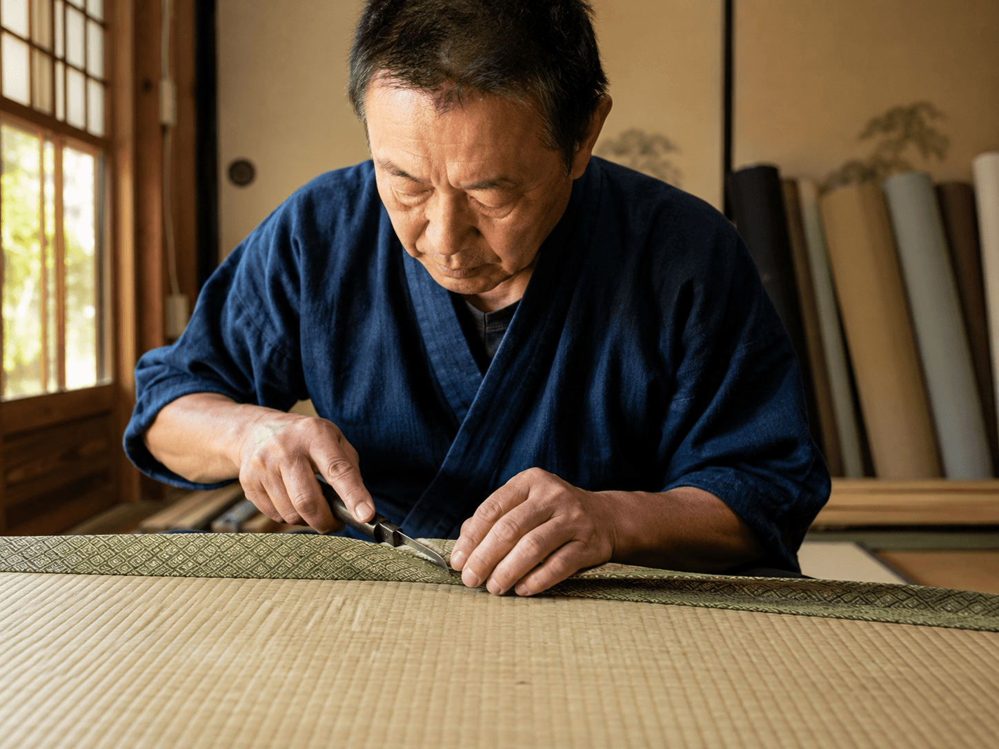 熟練の畳職人が鋏で畳縁を裁断する作業